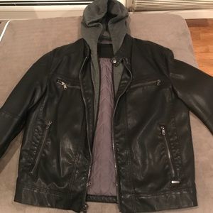 Black Leather Jacket with gray hoodie